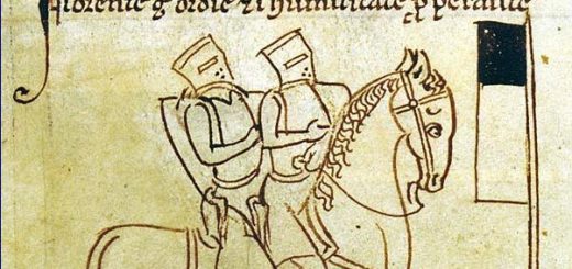 Depiction of two Templars seated on a horse (emphasising poverty), with Beauséant, the "sacred banner" (or gonfanon) of the Templars, argent a chief sable (Matthew Paris, c. 1250).By British Library Royal MS 14 C VII, fol 42v (bl.uk), Public Domain, https://commons.wikimedia.org/w/index.php?curid=7436641